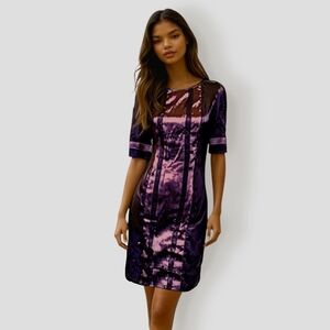 Vertigo Paris Shimer Satin Stripe Shift Dress in Eggplant and Amethyst